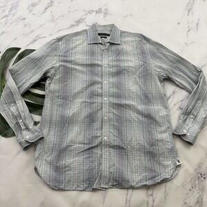 John Varvatos Mens Dress Shirt Size 16.5 34/35 Blue Gray Plaid Button Up Regular